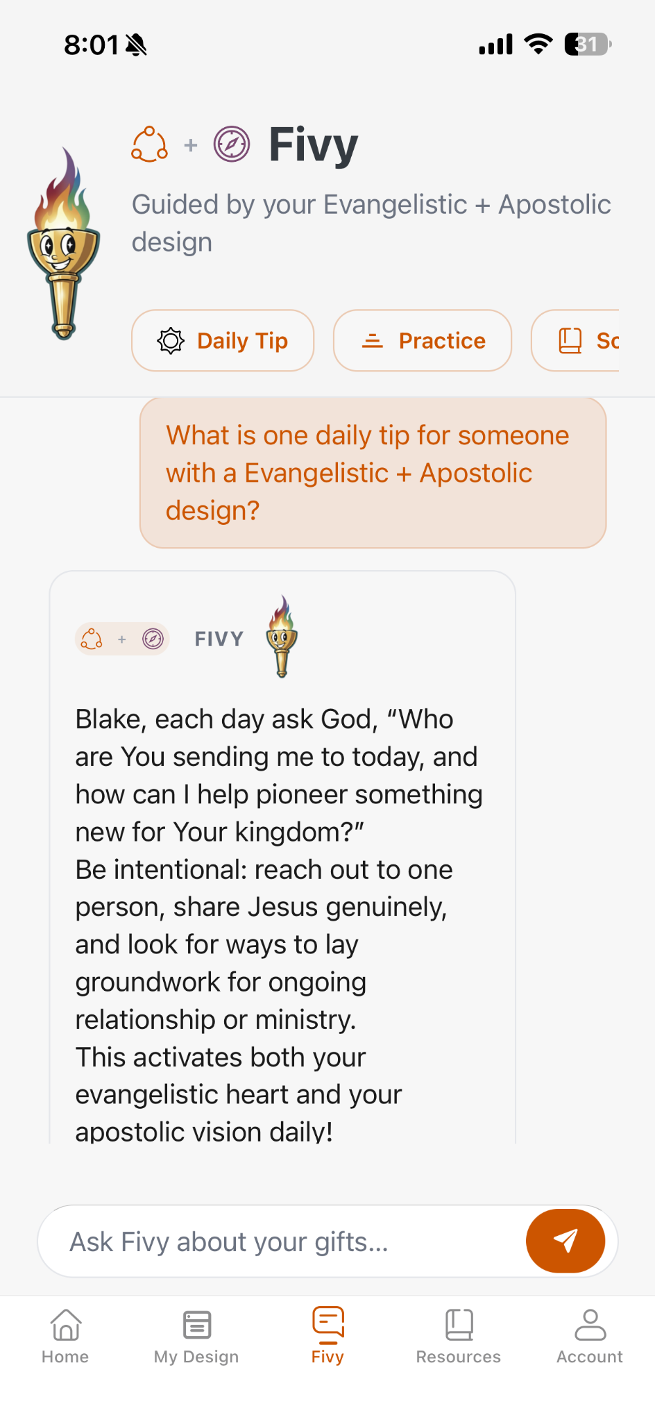 Fivy AI Coach conversation guided by an Evangelistic and Apostolic design, with a personalized daily tip and a field for asking about your gifts